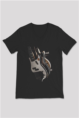 Elektro Gitar Baskılı Unisex Siyah V Yaka Tişört - Tshirt