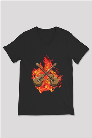Elektro Gitar Baskılı Unisex Siyah V Yaka Tişört - Tshirt