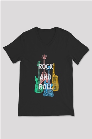 Elektro Gitar Baskılı Unisex Siyah V Yaka Tişört - Tshirt