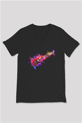Elektro Gitar Baskılı Unisex Siyah V Yaka Tişört - Tshirt
