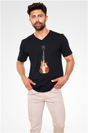 Elektro Gitar Baskılı Unisex Siyah V Yaka Tişört - Tshirt