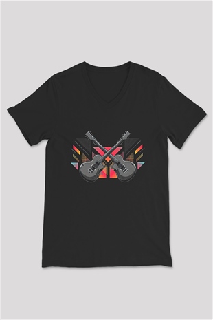 Elektro Gitar Baskılı Unisex Siyah V Yaka Tişört - Tshirt