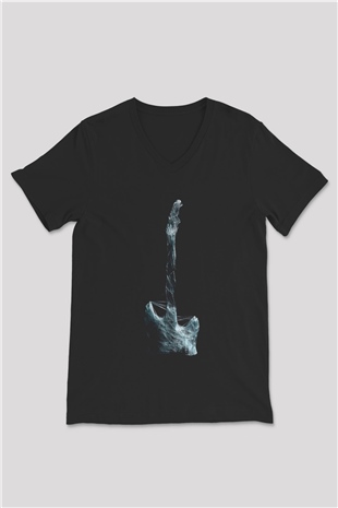 Elektro Gitar Baskılı Unisex Siyah V Yaka Tişört - Tshirt