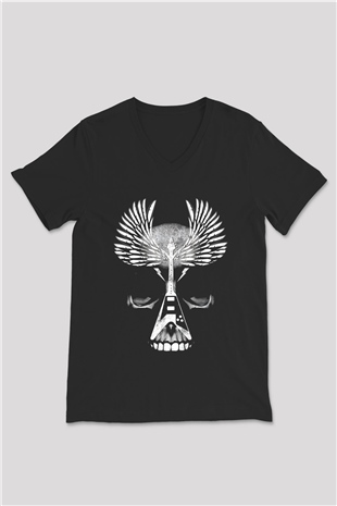 Elektro Gitar Baskılı Unisex Siyah V Yaka Tişört - Tshirt