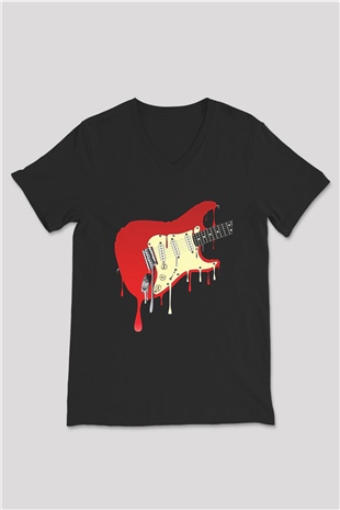 Elektro Gitar Baskılı Unisex Siyah V Yaka Tişört - Tshirt