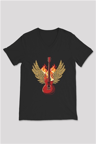 Elektro Gitar Baskılı Unisex Siyah V Yaka Tişört - Tshirt