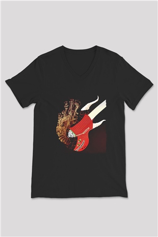 Elektro Gitar Baskılı Unisex Siyah V Yaka Tişört - Tshirt
