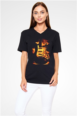 Elektro Gitar Baskılı Unisex Siyah V Yaka Tişört - Tshirt