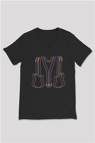 Elektro Gitar Baskılı Unisex Siyah V Yaka Tişört - Tshirt