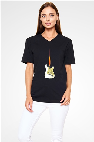 Elektro Gitar Baskılı Unisex Siyah V Yaka Tişört - Tshirt
