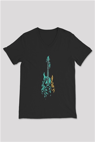 Elektro Gitar Baskılı Unisex Siyah V Yaka Tişört - Tshirt