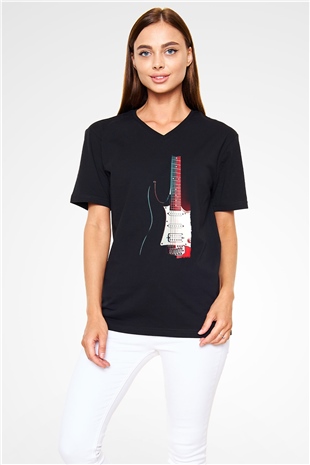 Elektro Gitar Baskılı Unisex Siyah V Yaka Tişört - Tshirt