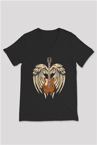 Elektro Gitar Baskılı Unisex Siyah V Yaka Tişört - Tshirt
