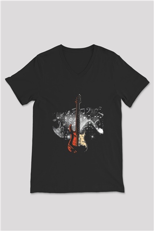 Elektro Gitar Baskılı Unisex Siyah V Yaka Tişört - Tshirt