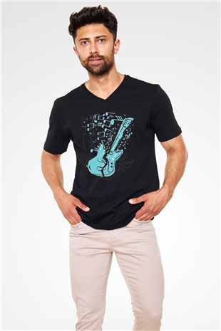 Elektro Gitar Baskılı Unisex Siyah V Yaka Tişört - Tshirt