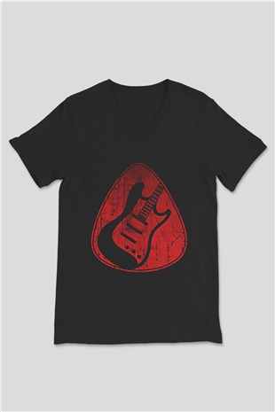 Elektro Gitar Baskılı Unisex Siyah V Yaka Tişört - Tshirt