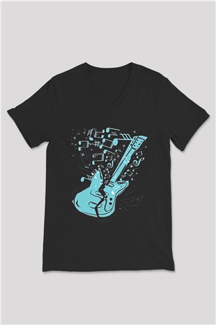 Elektro Gitar Baskılı Unisex Siyah V Yaka Tişört - Tshirt