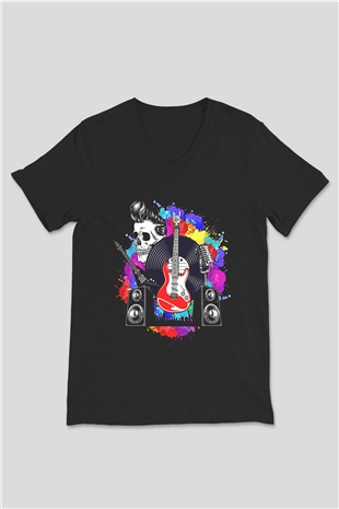 Elektro Gitar Baskılı Unisex Siyah V Yaka Tişört - Tshirt