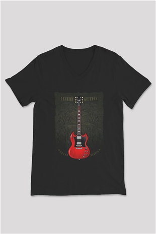 Elektro Gitar Baskılı Unisex Siyah V Yaka Tişört - Tshirt