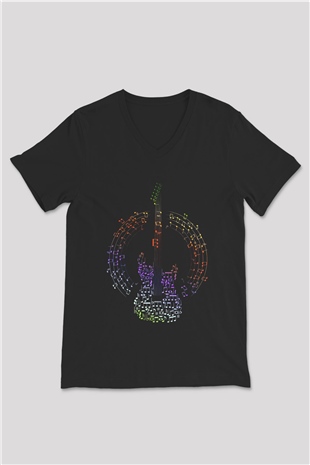 Elektro Gitar Baskılı Unisex Siyah V Yaka Tişört - Tshirt