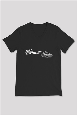 Elektro Gitar Baskılı Unisex Siyah V Yaka Tişört - Tshirt