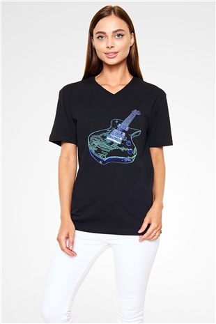 Elektro Gitar Baskılı Unisex Siyah V Yaka Tişört - Tshirt