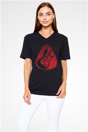 Elektro Gitar Baskılı Unisex Siyah V Yaka Tişört - Tshirt