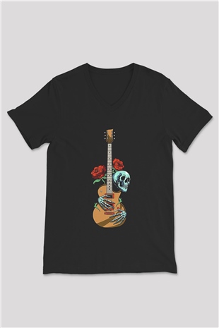 Elektro Gitar Baskılı Unisex Siyah V Yaka Tişört - Tshirt