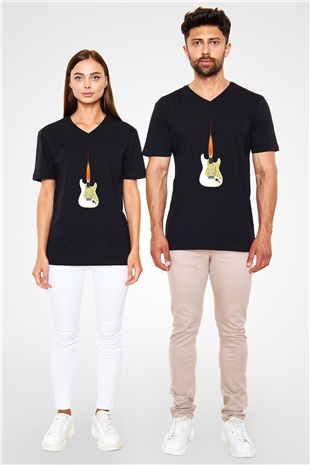 Elektro Gitar Baskılı Unisex Siyah V Yaka Tişört - Tshirt