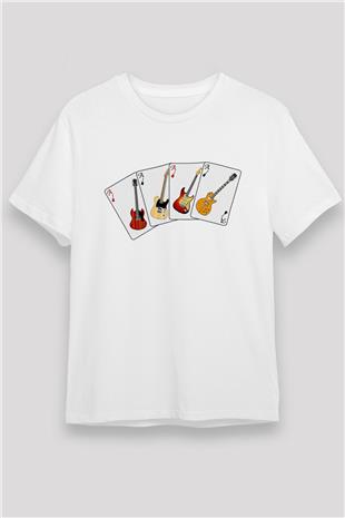 Elektro Gitar Unisex Baskılı Beyaz Tişört - Tshirt