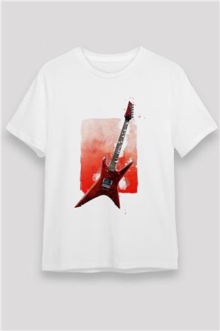 Elektro Gitar Unisex Baskılı Beyaz Tişört - Tshirt