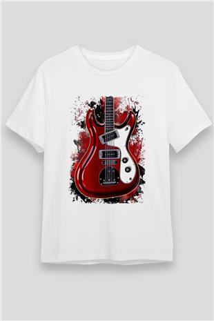 Elektro Gitar Unisex Baskılı Beyaz Tişört - Tshirt