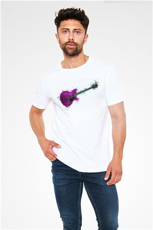 Elektro Gitar Unisex Baskılı Beyaz Tişört - Tshirt