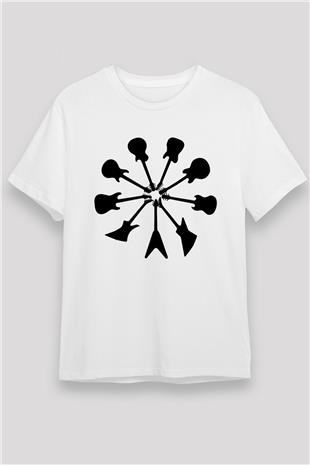 Elektro Gitar Unisex Baskılı Beyaz Tişört - Tshirt