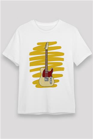 Elektro Gitar Unisex Baskılı Beyaz Tişört - Tshirt