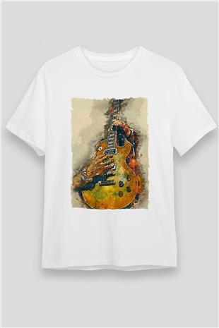 Elektro Gitar Unisex Baskılı Beyaz Tişört - Tshirt
