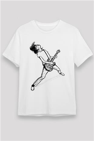 Elektro Gitar Unisex Baskılı Beyaz Tişört - Tshirt