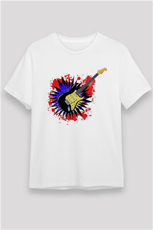 Elektro Gitar Unisex Baskılı Beyaz Tişört - Tshirt