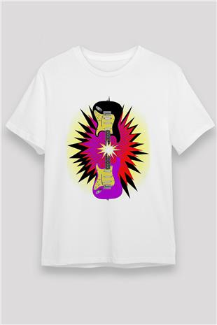 Elektro Gitar Unisex Baskılı Beyaz Tişört - Tshirt