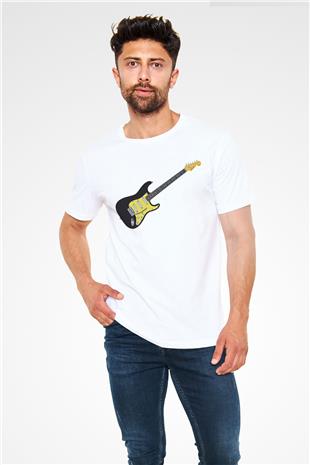 Elektro Gitar Unisex Baskılı Beyaz Tişört - Tshirt