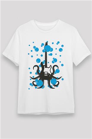 Elektro Gitar Unisex Baskılı Beyaz Tişört - Tshirt