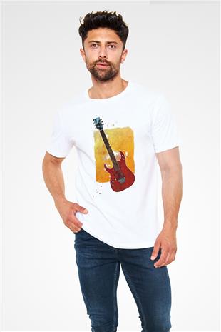 Elektro Gitar Unisex Baskılı Beyaz Tişört - Tshirt