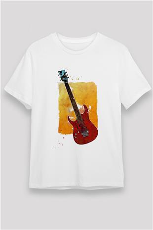 Elektro Gitar Unisex Baskılı Beyaz Tişört - Tshirt