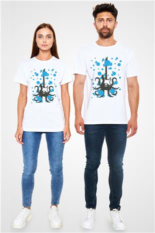 Elektro Gitar Unisex Baskılı Beyaz Tişört - Tshirt