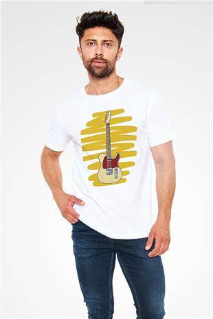 Elektro Gitar Unisex Baskılı Beyaz Tişört - Tshirt