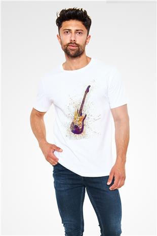 Elektro Gitar Unisex Baskılı Beyaz Tişört - Tshirt