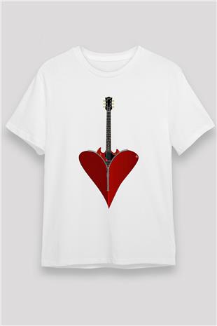 Elektro Gitar Unisex Baskılı Beyaz Tişört - Tshirt