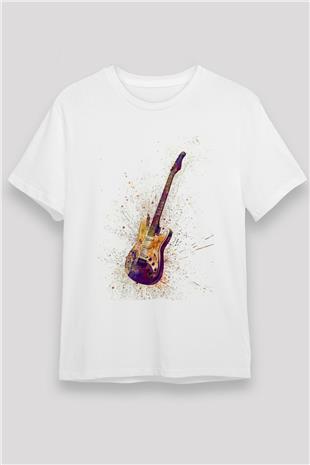 Elektro Gitar Unisex Baskılı Beyaz Tişört - Tshirt