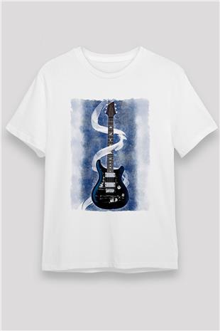 Elektro Gitar Unisex Baskılı Beyaz Tişört - Tshirt