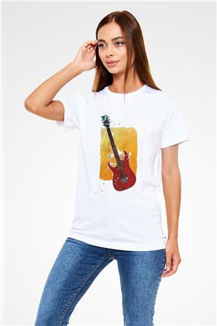 Elektro Gitar Unisex Baskılı Beyaz Tişört - Tshirt